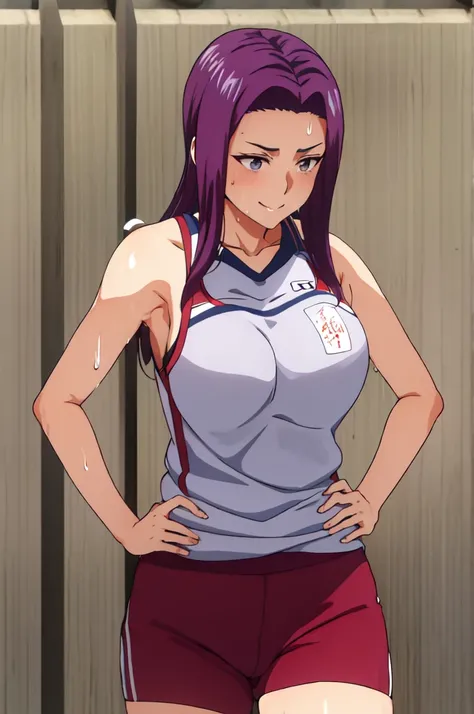 sakaki ryouko, masterpiece, best quality, highres, solo, volleyball uniform, standing, cowboy shot, smile, hand on hip, anime. skins, sweating, big breasts, both hands raised, armpits, armpits visible, dripping with sweat, more more sweat, sweaty armpits.