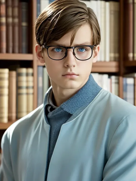 A boy of 11 years with light brown hair blue eyes white skin fine features fine European features in fine elegant clothes firm look sad melancholic serious with discreet glasses in the home library 