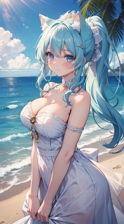 masterpiece, best quality, ultra-detailed, kawaii, cute,lovely, sexy, ero, extremely detailed, 4K, 8K, best quality, beautiful3, realistic, real, bar, sacred place by the ocean, a pretty woman in a solo performance, dress adorned with light blue hair casca...