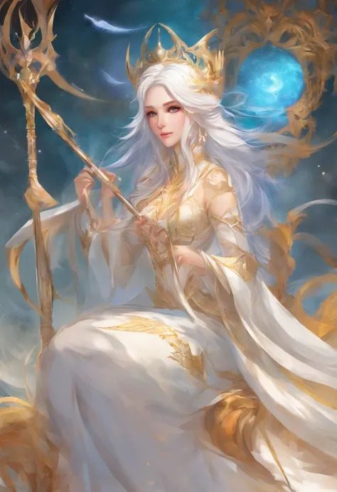 (masterpiece,best quality), , facing front, , {middle view}, , {long hair}, , (ponytail),, {upper body}, , {white hair}, , {fantasy},, (mature woman), , {28 years old} ,, {anime woman}, , {bright blue eyes},, {smile}, 