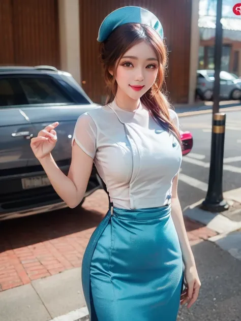 Nurse white top coat high hips, medium breasts, impressive body, long skirt, blue smile, welcoming likeness, crystal clear, highest image, intricate detail work.