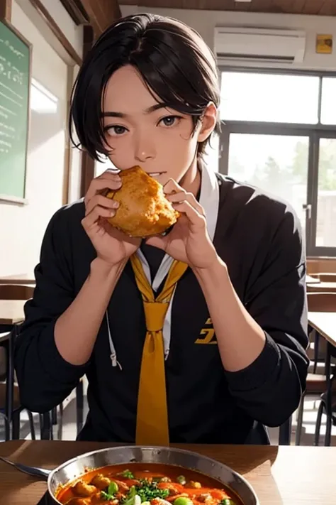 Male student eating curry