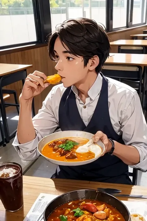 Male student eating curry