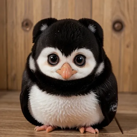 kawaii baby penguin, con ojos tiernos,  un cofre musical a la par 