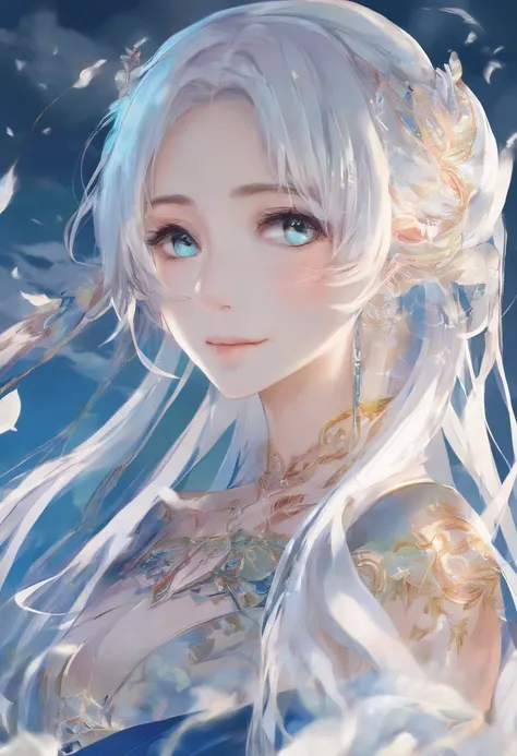 (masterpiece,best quality), , facing front, , {plain background}, , {long hair}, , (ponytail),, {upper body}, , {white hair}, , {fantasy},, (mature woman), , {28 years old} ,, (adult woman), , {anime woman}, , {bright blue eyes},, {smile}, 