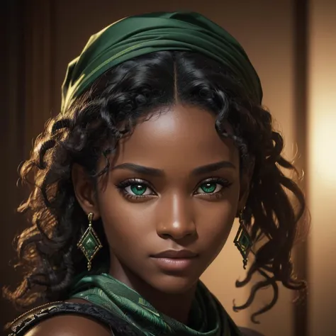 (best quality,4k,8k,highres,masterpiece:1.2),ultra-detailed,(realistic,photorealistic,photo-realistic:1.37),portrait,very detailed drawing,perfect,very beautiful black woman,with a bandana on the nose,emerald eyes,penetrating gaze,curly hair,piercing