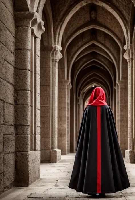 woman wearing a thick black Monastic Habit with long hood, She has her head down, ela tem um olhar misterioso, she is serious, ela olha pra baixo, ela tem uma cruz tatuada na testa, ela tem uma luz de raio laser vermelha brilhando nos olhos, She is inside ...