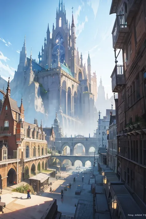 Magical city, inside the city, view from inside the city, painting of buildings inside the city, blue sky, concept art, fantasy architecture, elven architecture, luxury matte painting, fantasy art, elaborate matte painting, spire architecture,