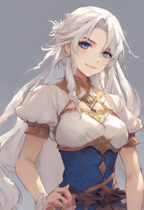 (masterpiece,best quality), , facing front, , {plain background}, , {long hair}, , (ponytail),, {upper body}, , {white hair}, , {fantasy},, (mature woman), , {28 years old} ,, (adult woman), , {anime woman}, , {bright blue eyes},, {smile}, 