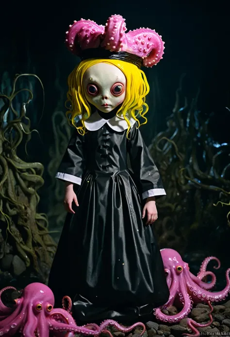 8K, ARTISTIC photogrAphy, best quAlity, mAsterpiece: 1.2), A (potrAit:1.2)  witch BLOOD Toon Doll Cthulhu nun QUEEN, EYES, PINK many octopus style tentacles, full body RAW candid cinema, yellow hair, 16mm, color graded portra 400 film, remarkable color, ul...