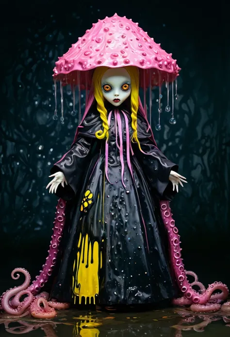 8K, ARTISTIC photogrAphy, best quAlity, mAsterpiece: 1.2), A (potrAit:1.2)  witch BLOOD Toon Doll Cthulhu nun QUEEN, EYES, PINK many octopus style tentacles, full body RAW candid cinema, yellow hair, 16mm, color graded portra 400 film, remarkable color, ul...