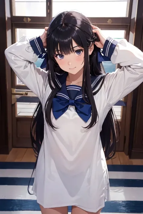 (8K), (best quality), (muste piece: 1.2)　Female student with long hair　((Bowing your head in greeting:1.4)) Wearing a sailor uniform