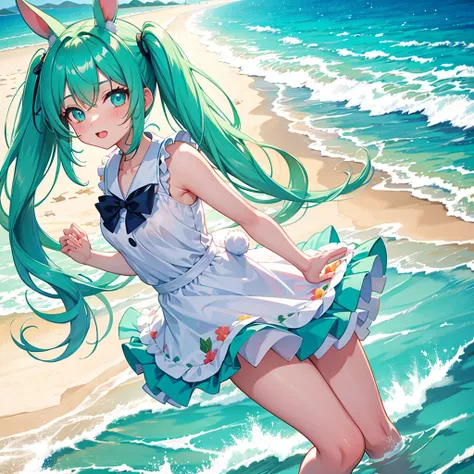 Minty Girl, Rabbit, Twintails, Beach