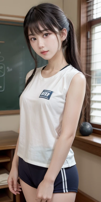 ((highest quality)), (Japanese Girls), (Familiar:1.4), 。.。.。.3D,(High Dynamic Range),Ray Tracing,NVIDIA,Super Resolution,Unreal 5,,Two-tone lighting,wide aperture,Low ISO、ponytail, (smile:0.7), Suggestive,  (Gym clothes on white,Navy Blue Bloomers),shirt l...