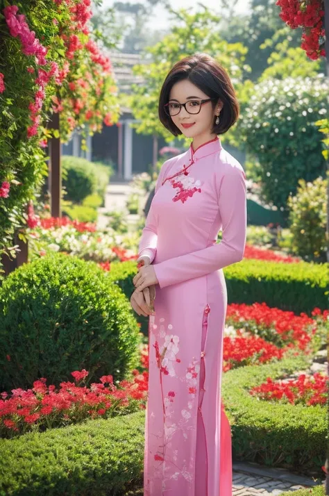 A beautiful short hair Asian girl with glasses wearing colorful Vietnamese ao dai, smirking, blurred background of flower garden.