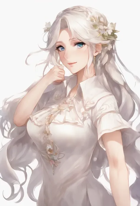 (masterpiece,best quality), , facing front, , {plain background}, , {long hair}, , {long ponytail},, {full body}, , {white hair}, , {fantasy},, (mature woman), , (adult woman), , {anime woman}, , {bright blue eyes},, {smile}, , {white blouse},, (human)