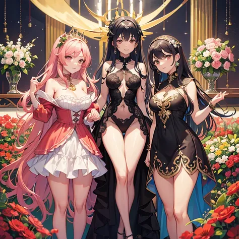 enfoque facial, lindo, Obra maestra, mejor calidad, 1 chica, joyas, pelo negro azabache largo y con coletas, Diosa del Amor, Ishtar Fate Grand Order, mirando al espectador, cuerpo completo, pies descalzos, mostrando los pies en la imagen, standing surround...