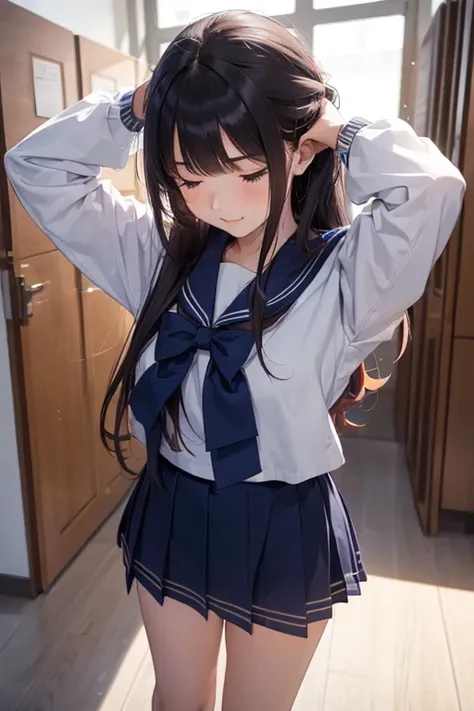 (8K), (best quality), (muste piece: 1.2)　Female student with long hair　((Bowing your head in greeting:1.4)) Wearing a sailor uniform　Standing still