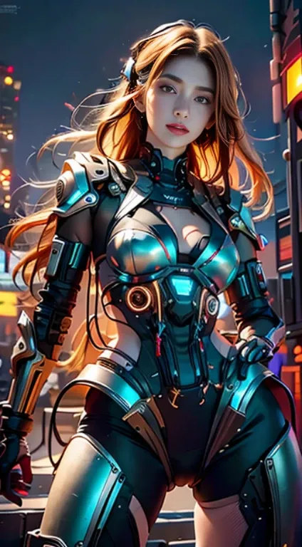 Virtual image,Realistic 8K images,Masterpiece,Complete Anatomy,Sharp details,Highest quality,Girl with long hair, flowing orange hair, With blue eyes.,have beautiful breasts.,glowing machinery,Machine with neon lights,robot cyborg robot,bikini_white/metall...