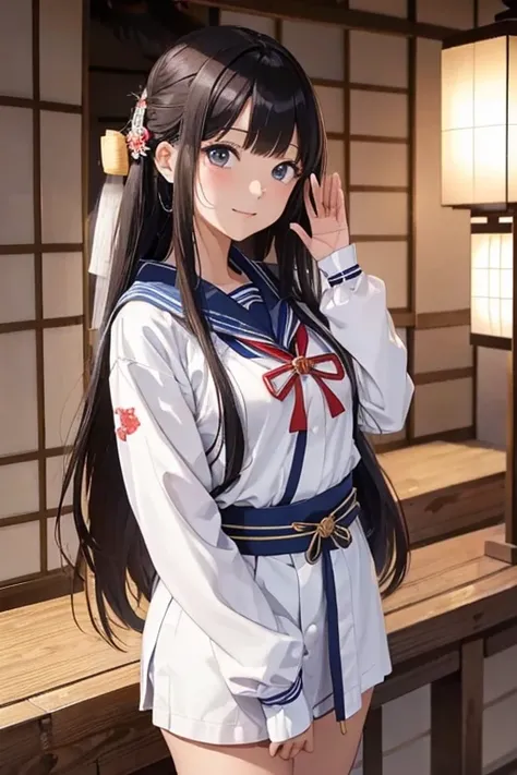 (8K), (best quality), (muste piece: 1.2)　Female student with long hair　((Greeting in Japanese style:1.4)) Wearing a sailor uniform　Standing still