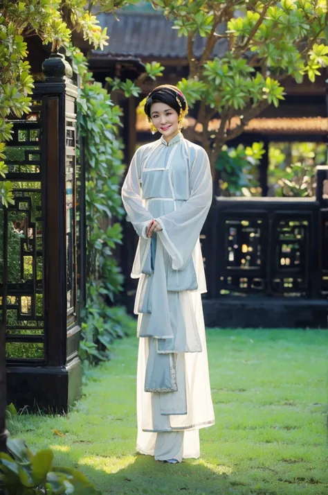 A beautiful short hair Asian girl wearing colorful Vietnamese ao dai, smirking, blurred background of flower garden.