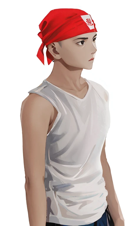 1boy, bald, black eyes, wearing a red bandana, white t-shirt, long blue pans, standing