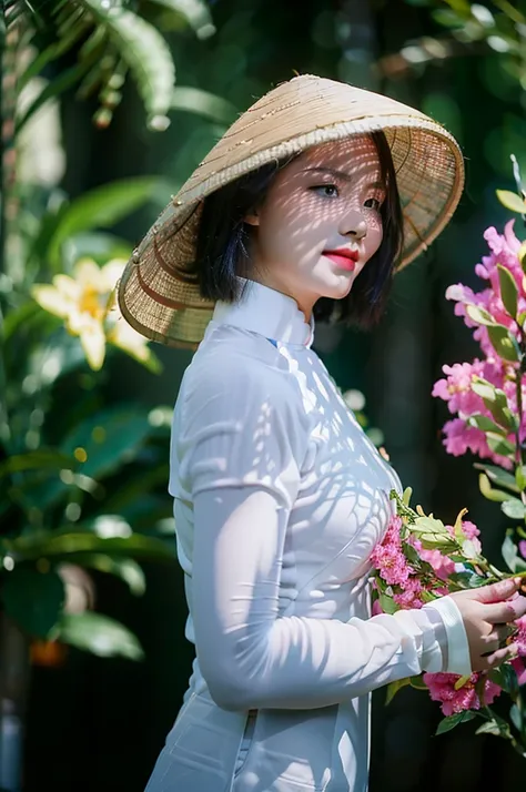 a beautiful short hair asian girl wearing colorful vietnamese ao dai, smirking, blurred background of flower garden.