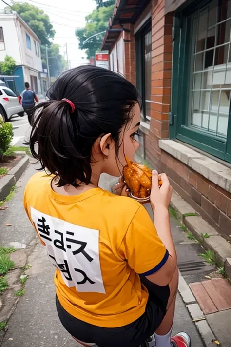 Rear view of a male student eating curry