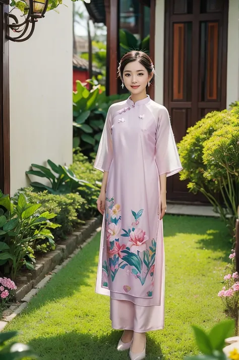 A beautiful short hair Asian girl wearing colorful Vietnamese ao dai, smirking, blurred background of flower garden.