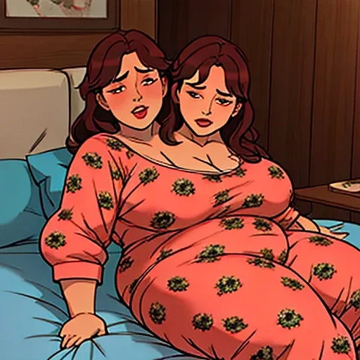 a comic page about a fully pajama wearing 24 year old extremely fat woman adjusting to her first night with her 40 year old busty mother as her second head on her immobile two headed body. She’s clearly uncomfortable with her mother using her now two heade...