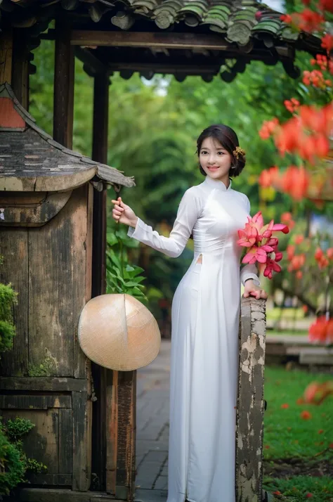 A beautiful short hair Asian girl wearing colorful Vietnamese ao dai, smirking, blurred background of flower garden.