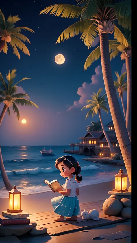 masterpiece, best quality, 1 girl, reading a book on a stone pier by the sea，night，big full moon in the background，there are som...