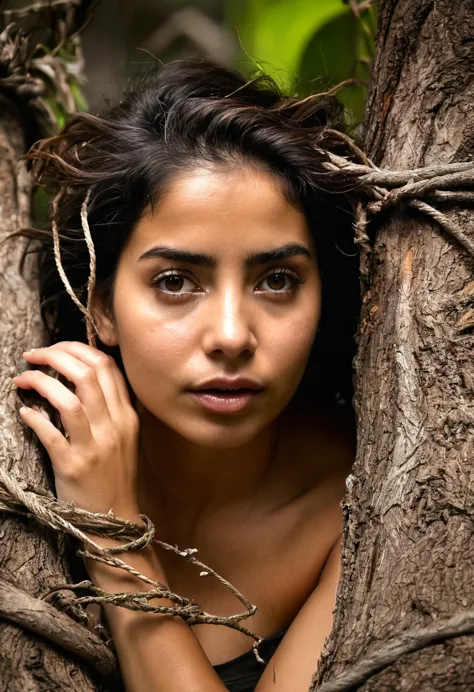 corpo todo,mulher latina,tied to an old tree with vines,corpo natural coberto de sujeira,emaranhado,totalmente nu,corajoso,sujo,...