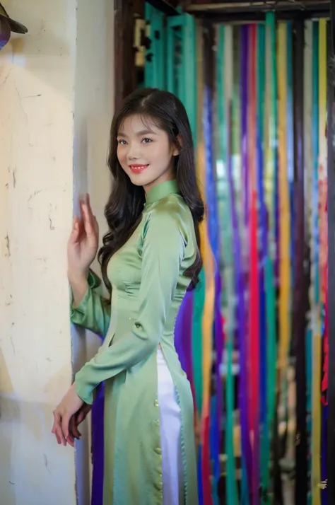 A beautiful short hair Asian girl wearing colorful Vietnamese ao dai, smirking, blurred background.