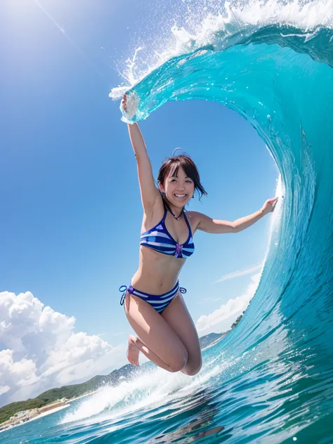 adult women in japan、smile、jump、jump、horizontal line、blue sky、big wave、sailing、north shore、surfboard、see-through