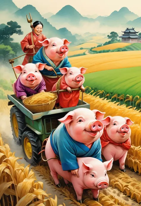 Farm Life，Anthropomorphic pigs，Chinese Clothing，Pigs working in the fields，Use the highest quality farm equipment possible, high resolution, Focus, Bright colors, soft light，Classical Chinese novels《trip》Funny illustrations of Chinese people：Ink painting s...