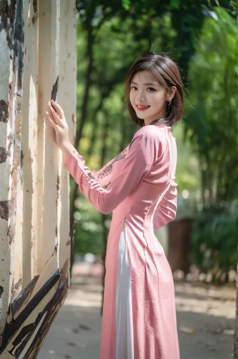 Close-up photo of a beautiful short hair Asian girl wearing colorful Vietnamese ao dai, smirking, blurred background.