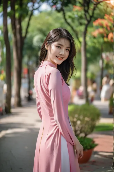 Close-up photo of a beautiful short hair Asian girl wearing colorful Vietnamese ao dai, smirking, blurred background.