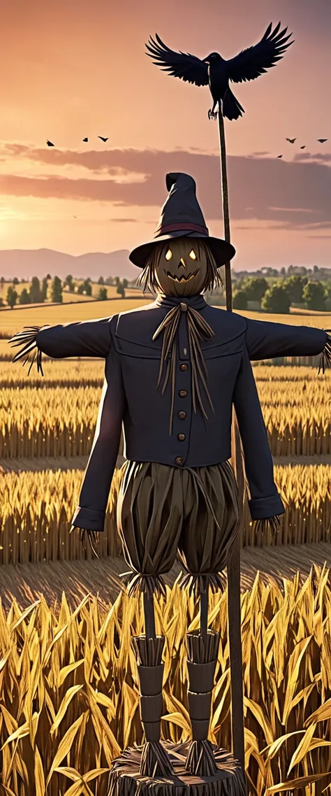 long shot, ((crow standing on scarecrow full body:1.7)), in the cornfield, scarecrow wearing hat，wearing field uniform:1.4,((bes...