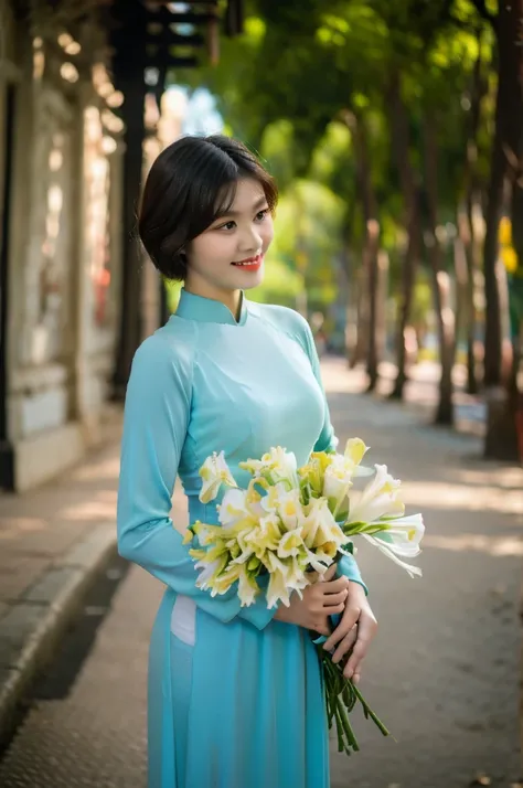 Close-up photo of a beautiful short hair Asian girl wearing delicate flowery Vietnamese ao dai, smirking, blurred background.