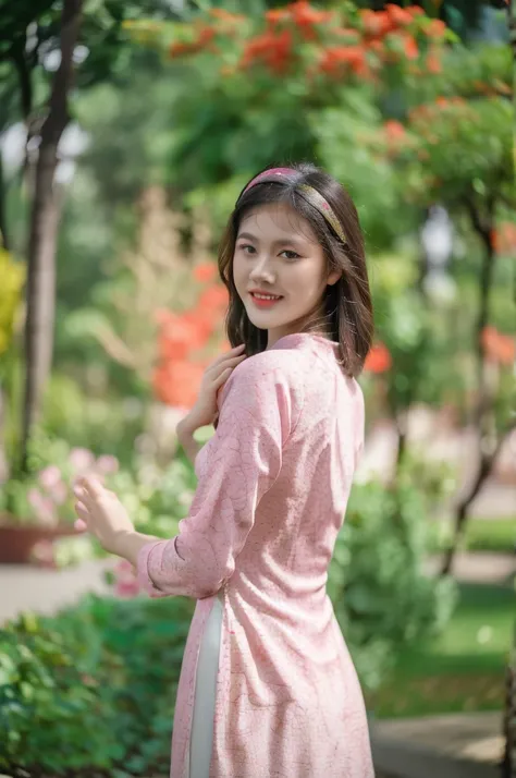 Close-up photo of a beautiful short hair Asian girl wearing delicate flowery Vietnamese ao dai, smirking, blurred background.