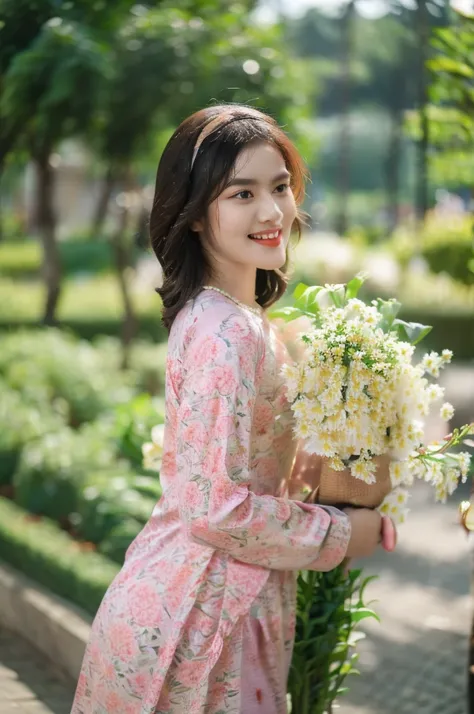 Close-up photo of a beautiful short hair Asian girl wearing delicate flowery Vietnamese ao dai, smirking, blurred background.