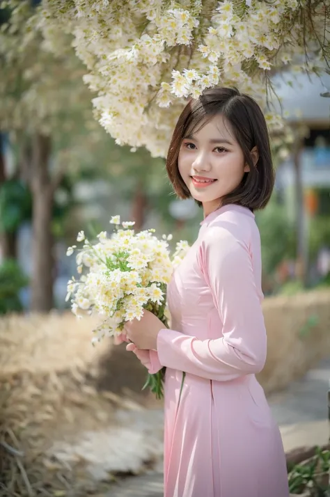 Close-up photo of a beautiful short hair Asian girl wearing delicate flowery Vietnamese ao dai, smirking, blurred background.