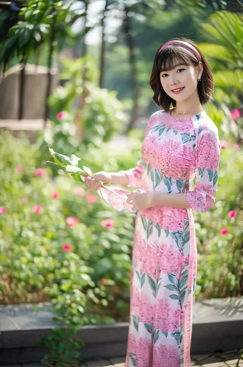 Mid shot photo of a beautiful short hair Asian girl wearing delicate flowery Vietnamese ao dai, smirking, blurred background.