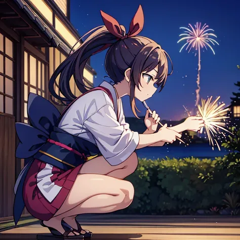 Side view of a woman with Japanese style ponytail holding fireworks in a squatting position