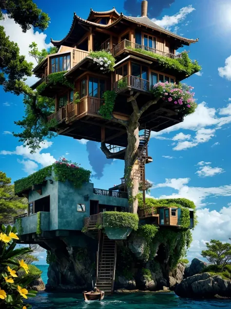 Perfection The Coolest tree house on a large rock in the middle of the sea with flowers in front of the house and trees on both sides of the house