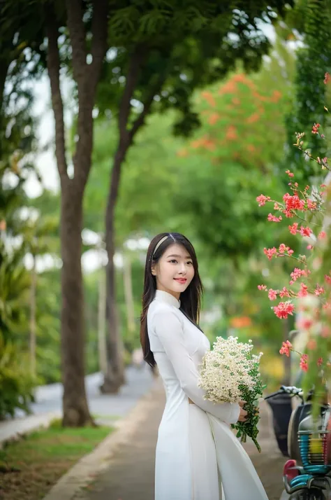 Close-up photo of a beautiful Asian girl wearing delicate flowery Vietnamese ao dai, smirking, blurred background of Vietnamese houses.