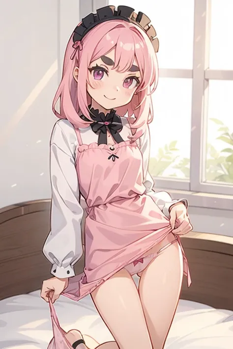 Girl with pink hair, long double-tailed hairstyle, ((small pink bushy eyebrows)), dressed in lolita clothing, marked vagina, lolicon (Zankuro) drawing style by zankuro artist, Zancro style, image uploaded to R34, looking at the camera with a flirtatious sm...