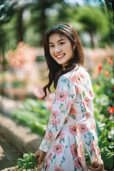 Close-up photo of a beautiful short hair Asian girl wearing delicate flowery Vietnamese ao dai, smirking, blurred background.