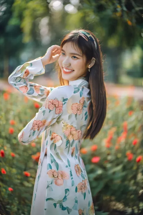 Close-up photo of a beautiful short hair Asian girl wearing delicate flowery Vietnamese ao dai, smirking, blurred background.